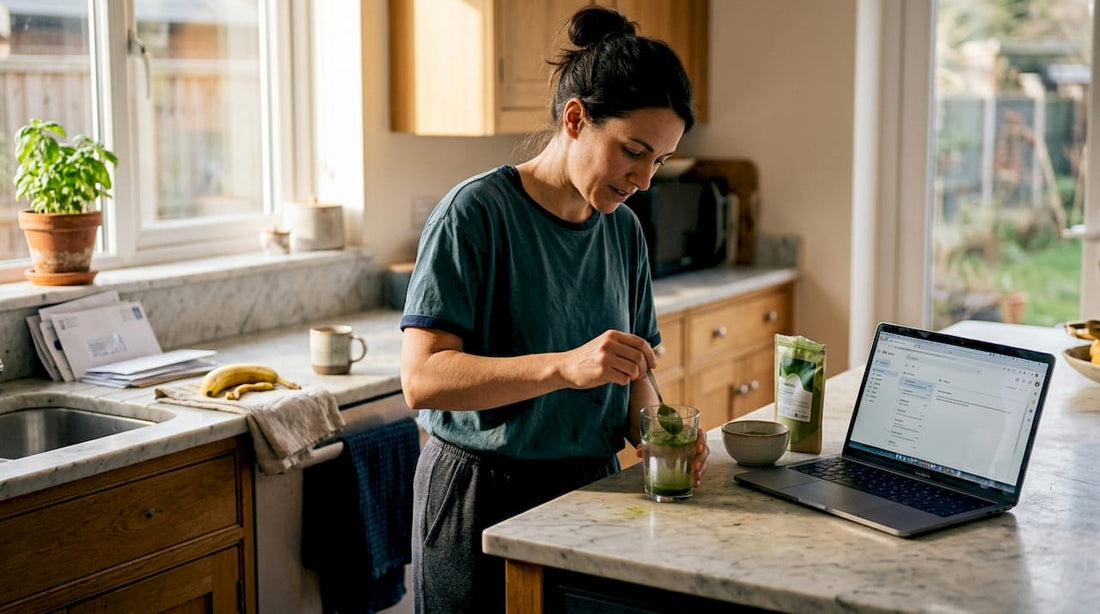 Woman mixing greens powder in bright kitchen