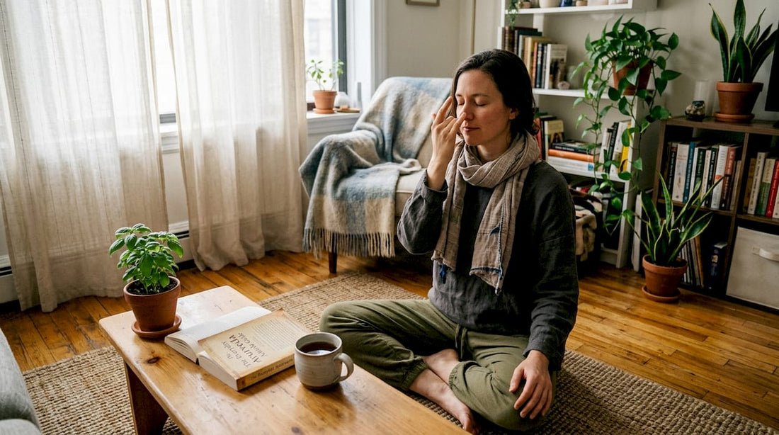 Woman practicing meditation in cozy living room