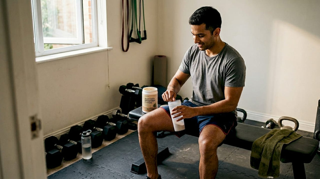 Man preparing recovery drink in home gym
