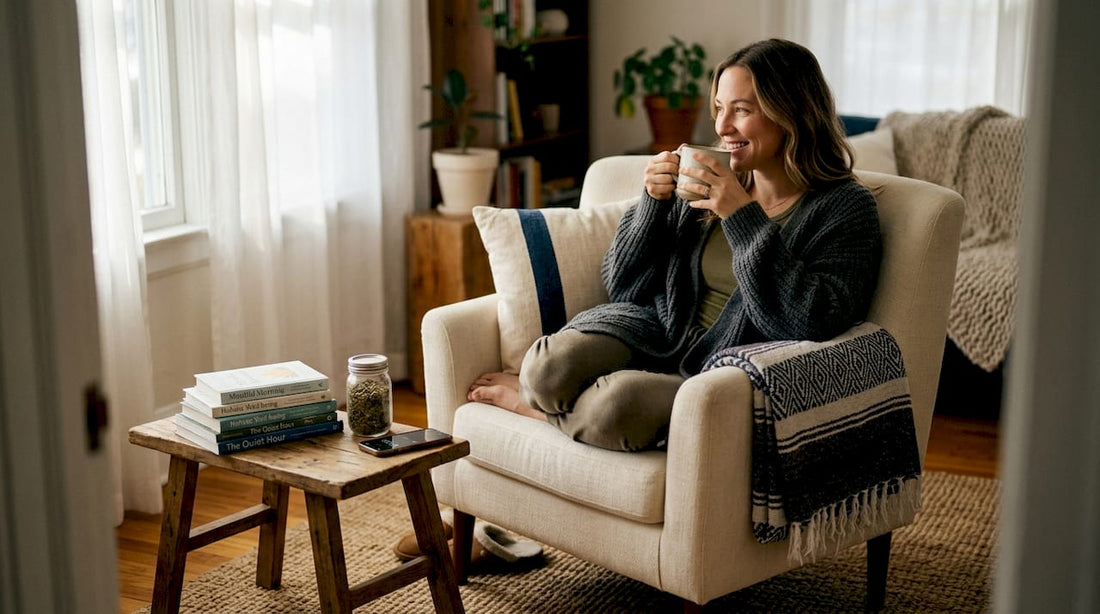 Woman doing morning relaxation in cozy living room