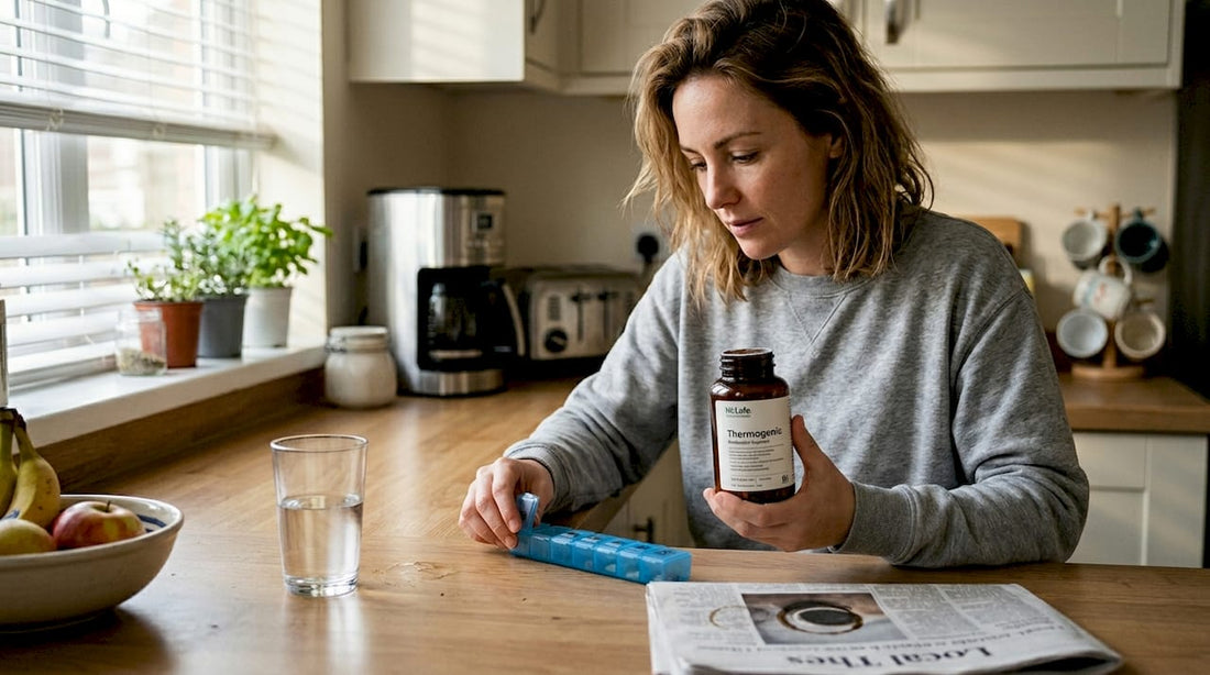 Woman reading thermogenic supplement bottle