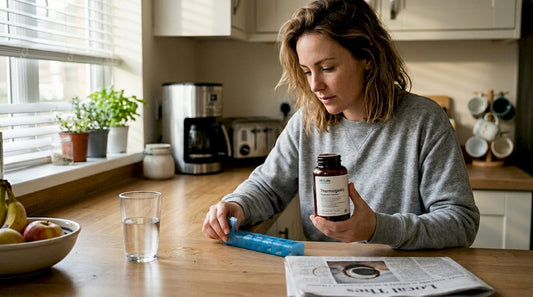 Woman reading thermogenic supplement bottle