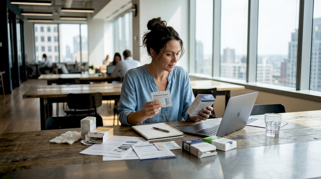 Woman comparing wellness products at work