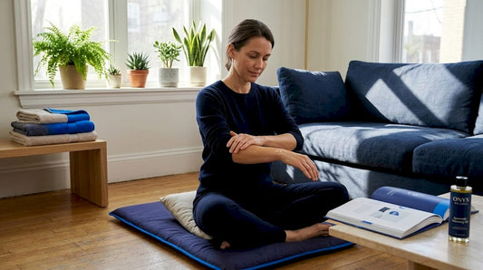 Woman applying oil in sunlit living room