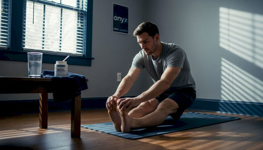 Man stretching in living room after workout