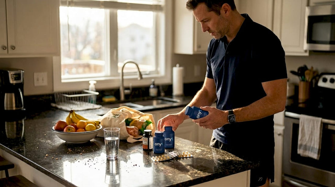 Man sorting weight loss supplements in home kitchen