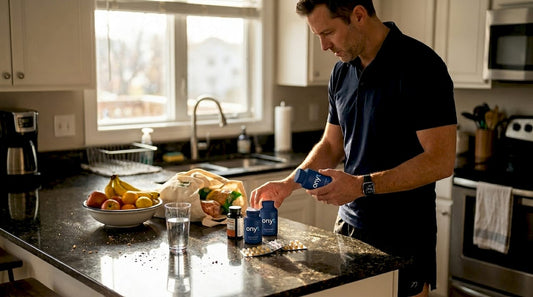 Man sorting weight loss supplements in home kitchen