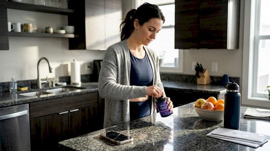 Woman opens reishi gummies in kitchen