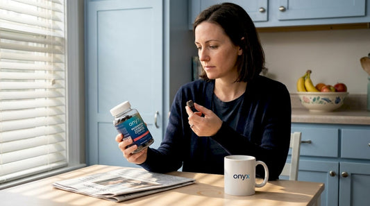 Woman reading mushroom gummies label in kitchen
