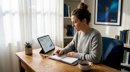 Woman writing at tidy home desk in sunlight