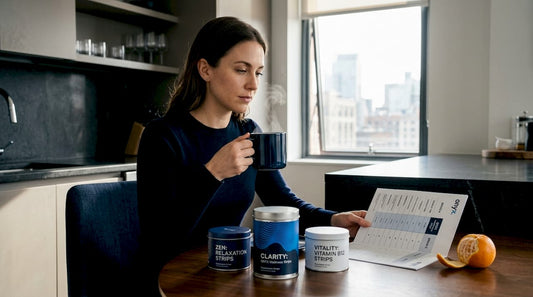 Person comparing three wellness strip products at kitchen table