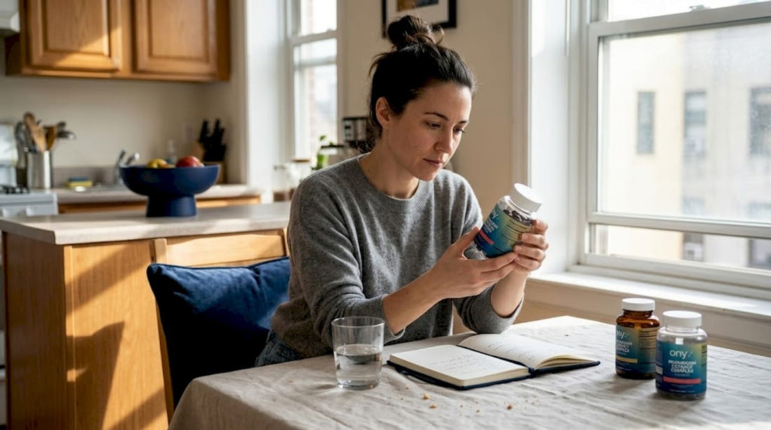 Woman reading mushroom gummies label at kitchen table
