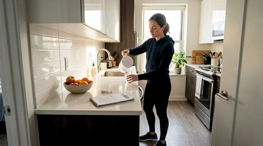 Woman starts morning wellness routine at home