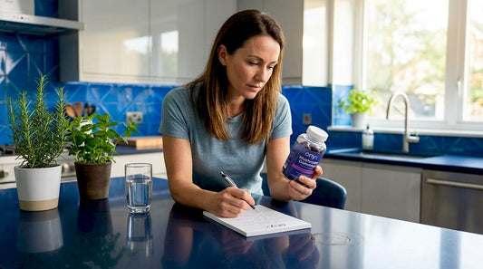 Woman examining bottle of mushroom gummies