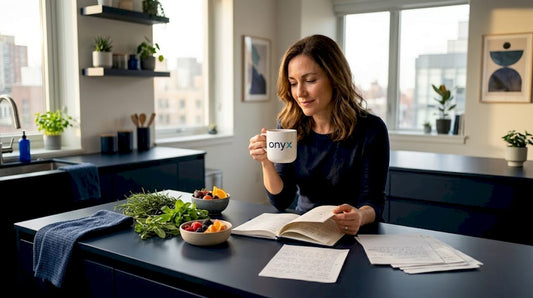 Woman reviewing holistic recovery steps at kitchen table
