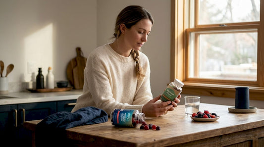 Woman compares mushroom gummy supplement bottles in kitchen