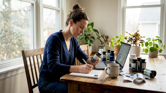 Woman reviewing supplement labels at kitchen table