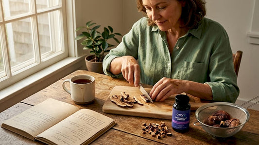 Woman preparing dried reishi mushroom tea