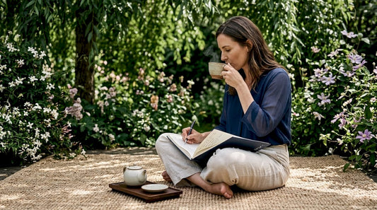 Morning wellness routine with tea and journaling