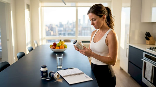 Woman reading supplement label in home kitchen