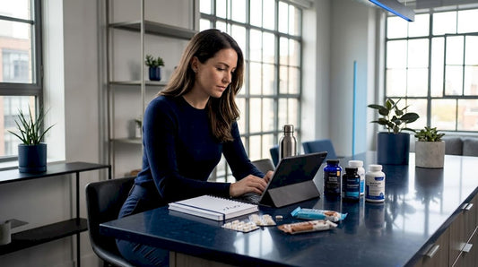 Woman comparing supplement alternatives at apartment table