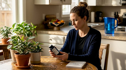 Woman reading supplement label in kitchen
