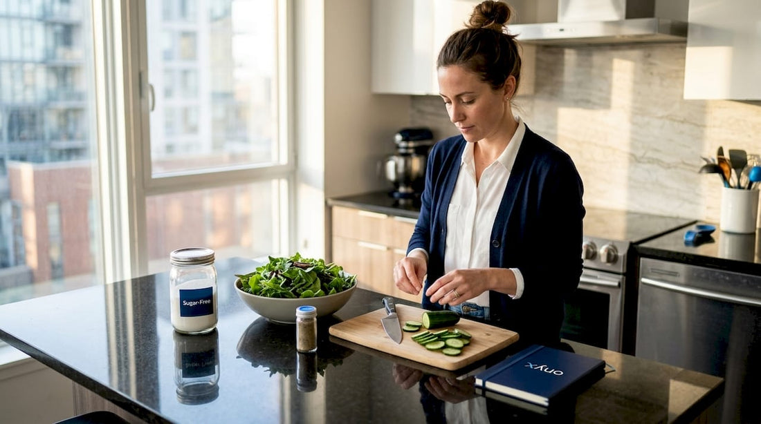 Woman preparing sugar-free meal in home kitchen