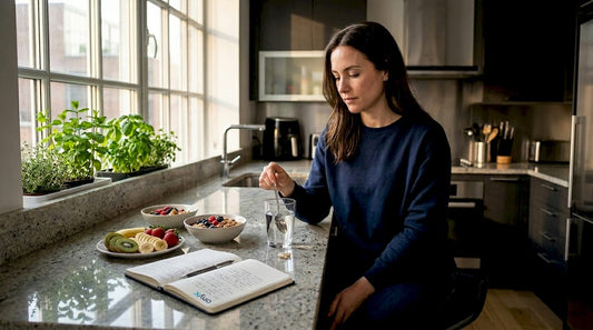 Woman preparing mushroom supplement at kitchen table