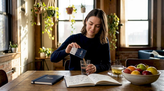 Woman preparing natural energy supplement drink at home