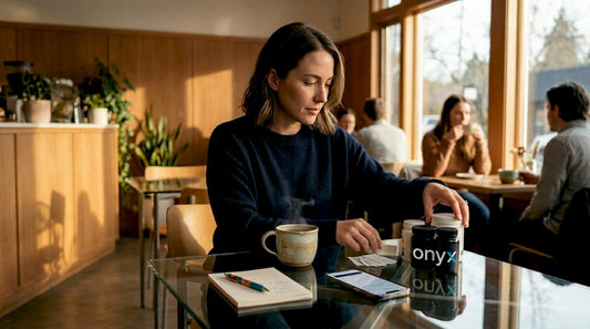 Woman organizing natural supplements at kitchen table
