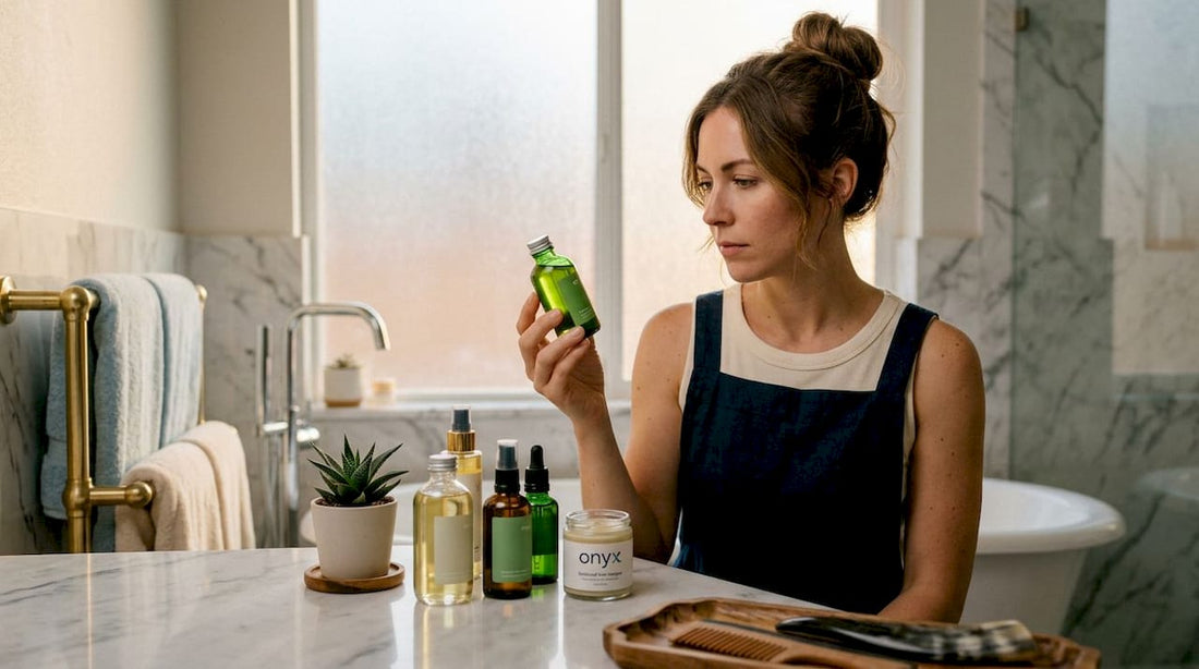 Stylist reviewing natural hair care products in kitchen