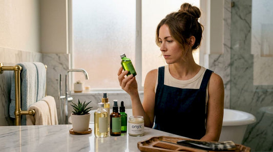 Stylist reviewing natural hair care products in kitchen