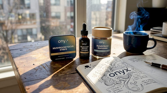 Various mushroom supplements arranged on wooden desk with notebook and tea