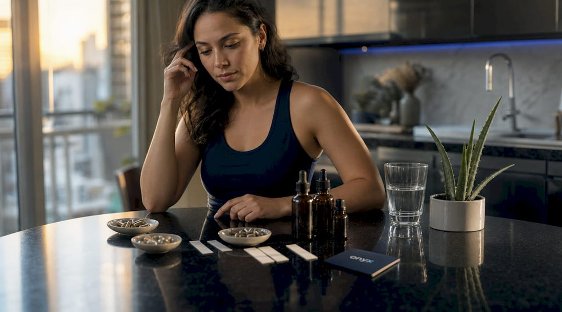 Woman selecting natural stress relief supplements at table
