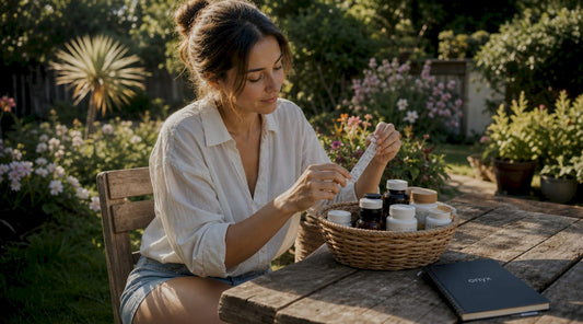 Woman selecting natural libido supplements at kitchen table