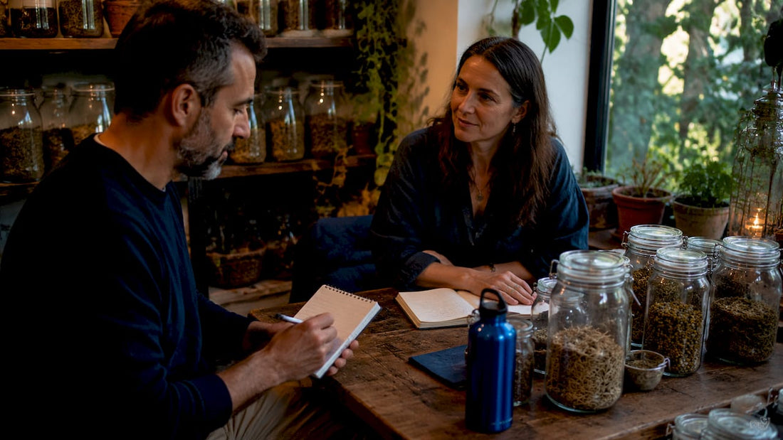 Man consulting herbalist about natural supplements