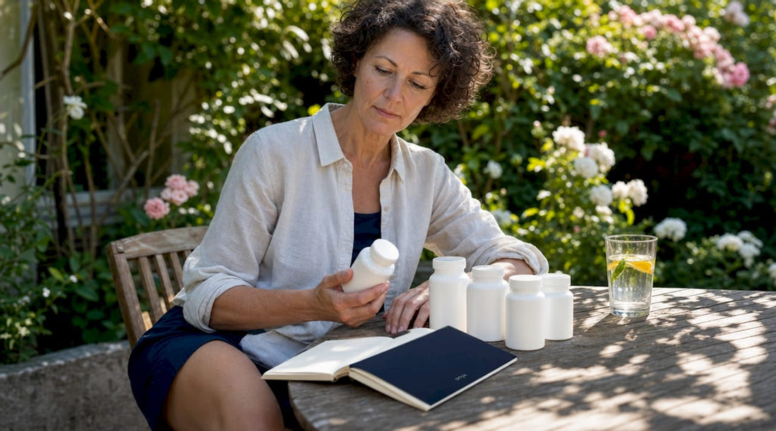 Woman reviewing metabolism supplements at kitchen counter