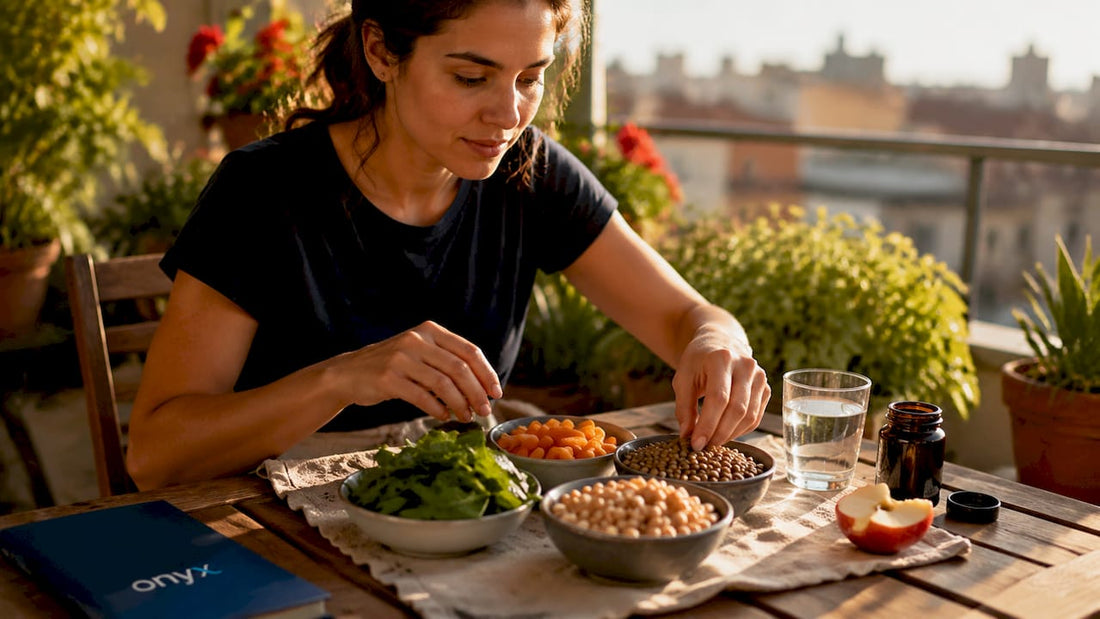 Woman arranging natural iron-rich foods at kitchen table