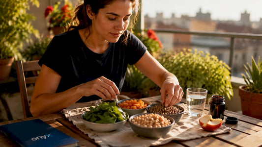 Woman arranging natural iron-rich foods at kitchen table