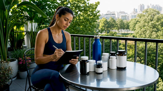 Woman arranging natural collagen supplement alternatives at kitchen table