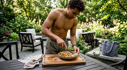 Athlete preparing lean bulk meal in kitchen