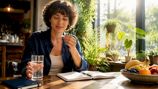 Woman taking hangover supplement in kitchen