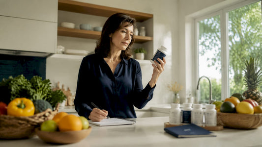 Nutritionist reviewing mineral supplement bottle