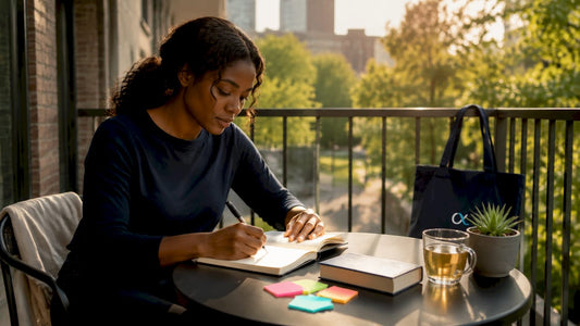 Woman journaling to improve mental clarity at kitchen table