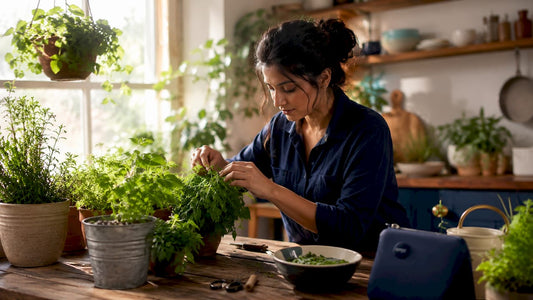 Woman watering indoor herb garden on balcony