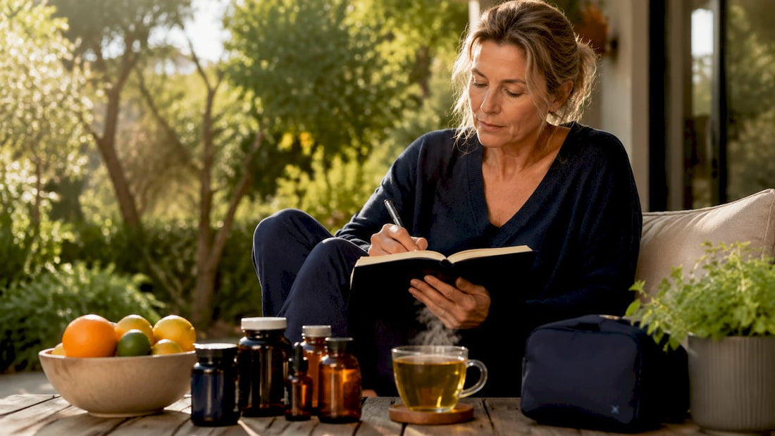 Woman planning herbal supplement routine at kitchen table