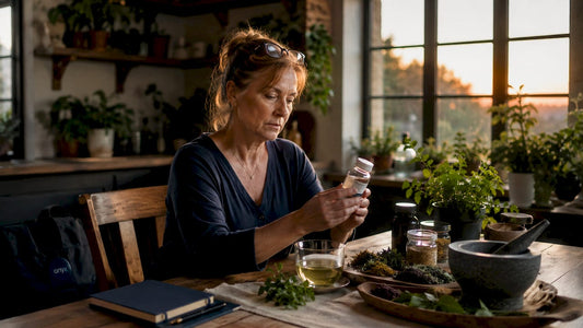 Woman reading supplement label at kitchen counter