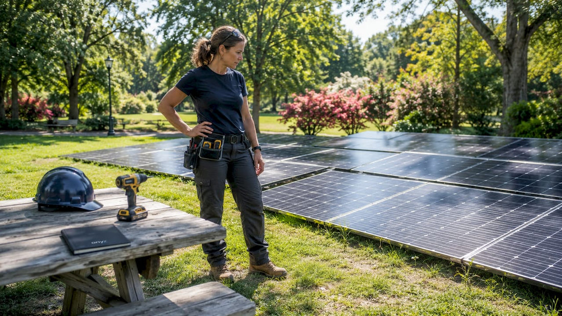 Woman inspecting solar panels on rooftop