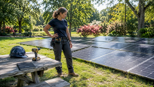 Woman inspecting solar panels on rooftop