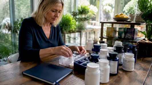 Woman arranging calcium magnesium supplements on kitchen counter